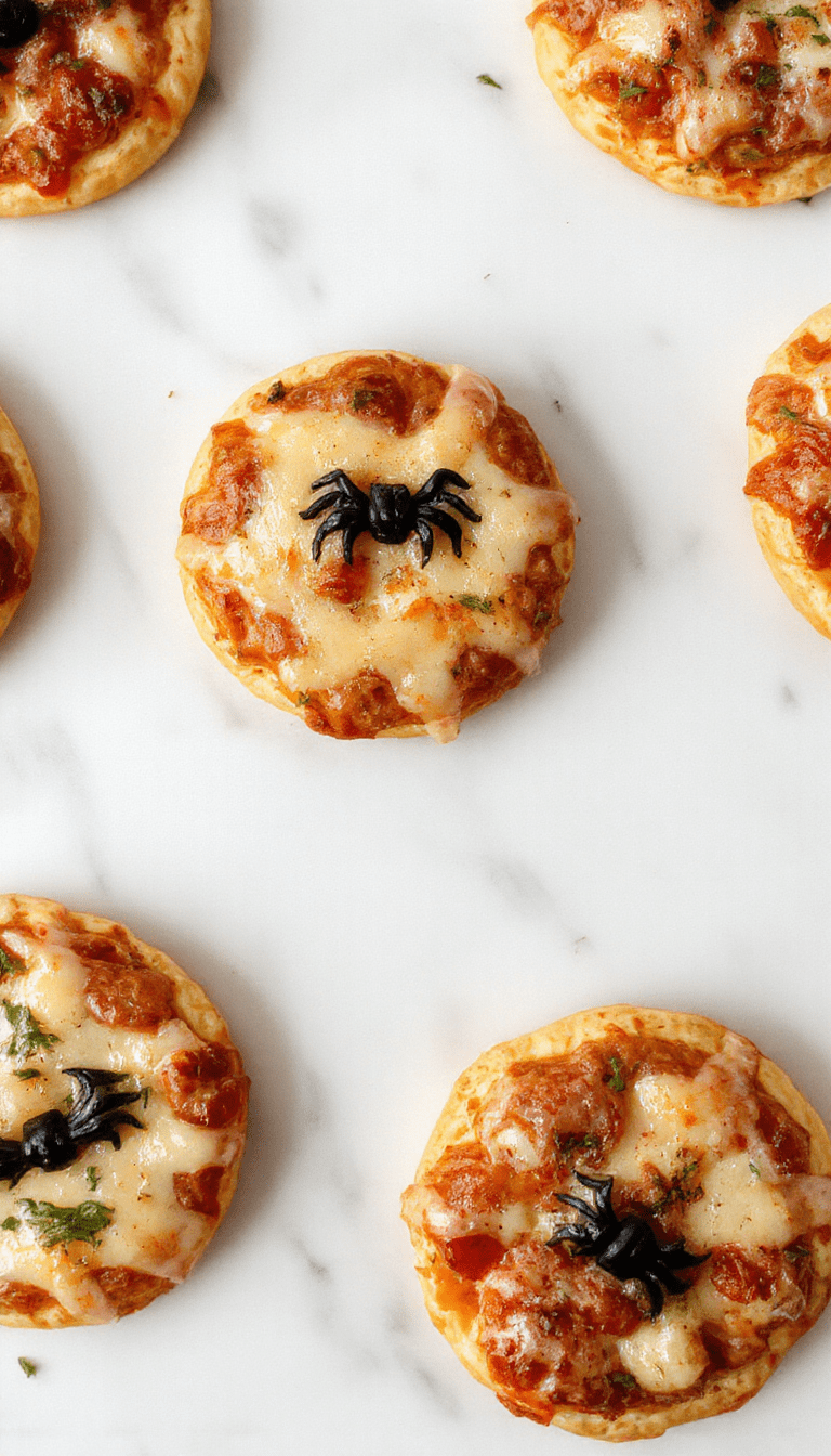 Colorful Halloween mini pizzas on a dark slate platter featuring ghost and pumpkin shaped toppings, gooey melted cheese, vibrant pepperoni, and black olive accents, styled with spooky cookie cutter shapes and seasonal decorations