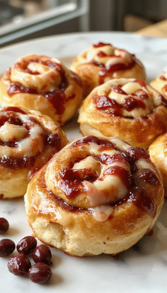 Colorful and inviting sweet buns with a golden-brown exterior, filled with creamy cheese and vibrant red currant jam swirls, topped with a light dusting of powdered sugar, artfully arranged on a rustic wooden plate, with a cozy kitchen backdrop emphasizing freshness and warmth.