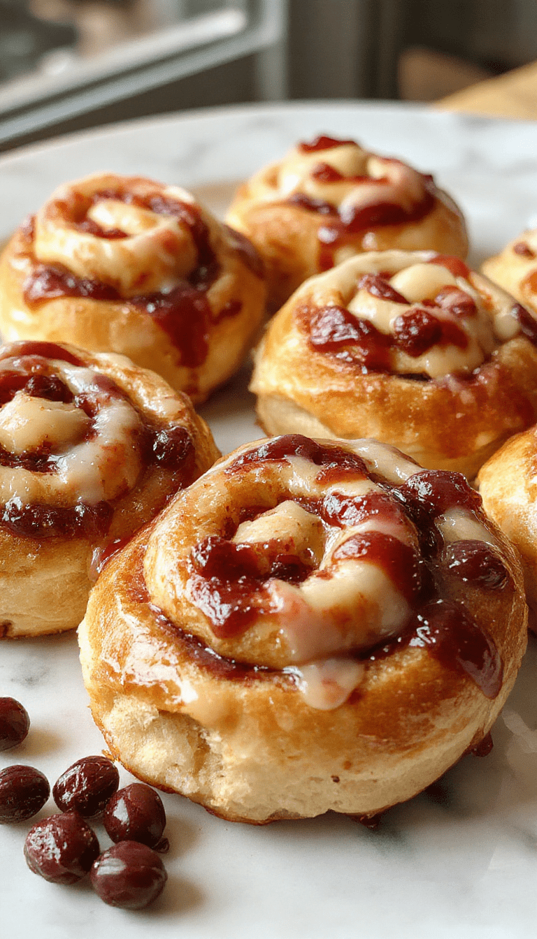 Colorful and inviting sweet buns with a golden-brown exterior, filled with creamy cheese and vibrant red currant jam swirls, topped with a light dusting of powdered sugar, artfully arranged on a rustic wooden plate, with a cozy kitchen backdrop emphasizing freshness and warmth.