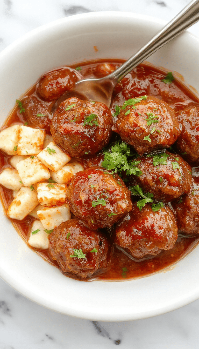 A close-up photo of glossy, plump meatballs coated in vibrant red and orange sweet chili sauce, served in a white bowl on a rustic wooden table with fresh herbs for garnish