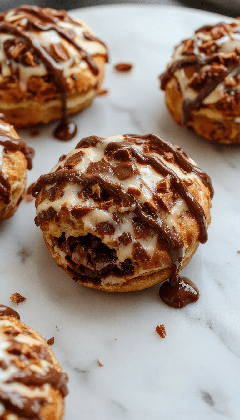 A golden-brown chocolate croissant breakfast bake sliced open revealing a gooey chocolate filling and crispy, flaky croissant layers atop a white plate with powdered sugar dusting, garnished with fresh berries and mint leaves, styled on a rustic wooden table