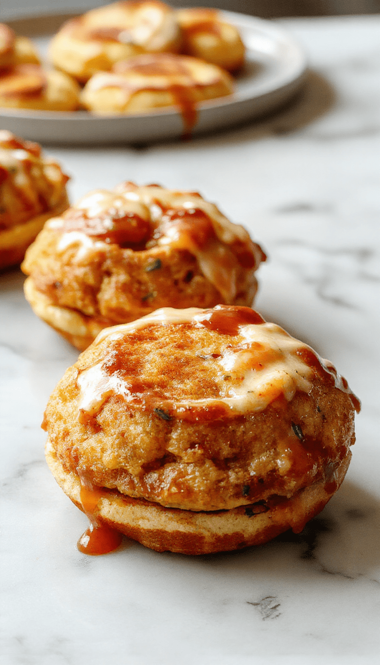 Colorful plate featuring golden brown McGriddle bites arranged neatly, with visible fluffy pancake layers and syrup drizzle, styled on a rustic wooden surface with a vibrant background.