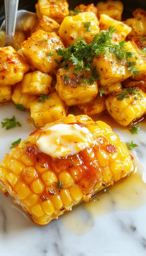 A vibrant skillet filled with bright yellow sweet corn kernels coated in glossy honey butter, garnished with fresh herbs, served on a rustic wooden table with a butter knife and a small bowl of extra honey butter for dipping