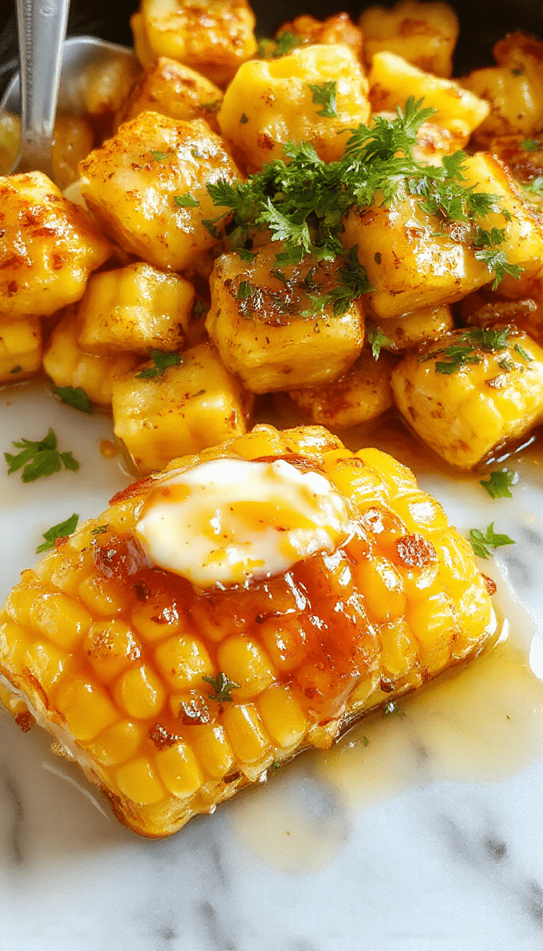 A vibrant skillet filled with bright yellow sweet corn kernels coated in glossy honey butter, garnished with fresh herbs, served on a rustic wooden table with a butter knife and a small bowl of extra honey butter for dipping