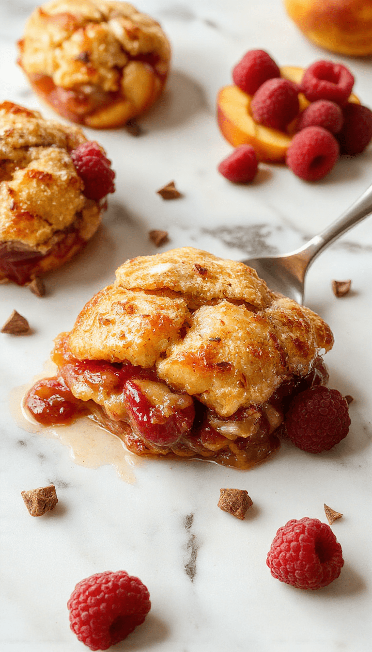 A vibrant peach and raspberry cobbler served in a rustic white baking dish, topped with golden-brown crumble crust, garnished with fresh mint leaves, with colorful ripe peaches and juicy raspberries surrounding it, styled on a wooden table with a spoon beside for inviting creaminess.