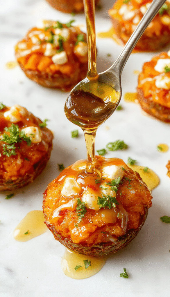 Colorful dish featuring roasted sweet potato rounds topped with crumbled feta cheese, drizzled with golden honey, arranged on a white plate with fresh herbs and a rustic wooden background, highlighting textures of crispy edges and creamy feta.