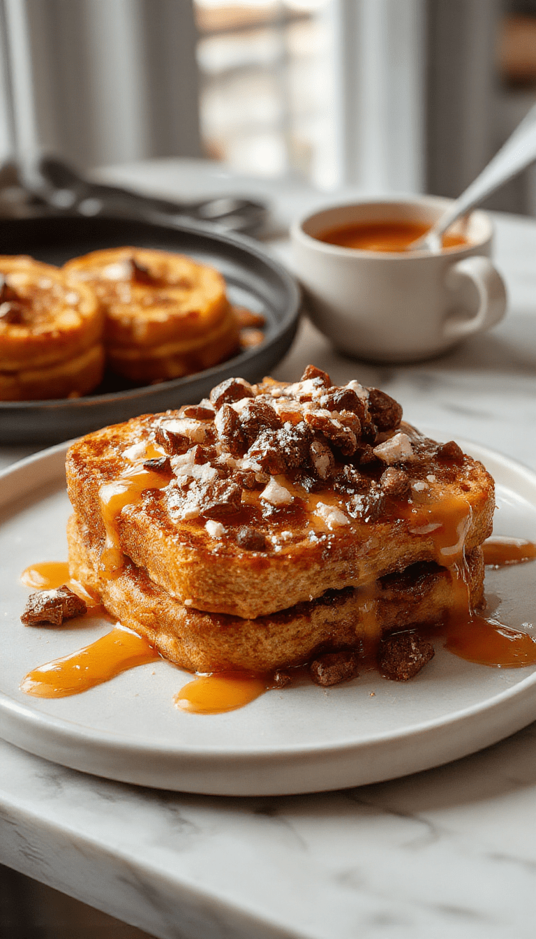 A vibrant plate of pumpkin French toast topped with whipped cream, caramel syrup, and sprinkled with cinnamon. The toast is golden brown with a soft interior, garnished with sliced bananas and pecans, on a rustic wooden table with autumn-themed decor.
