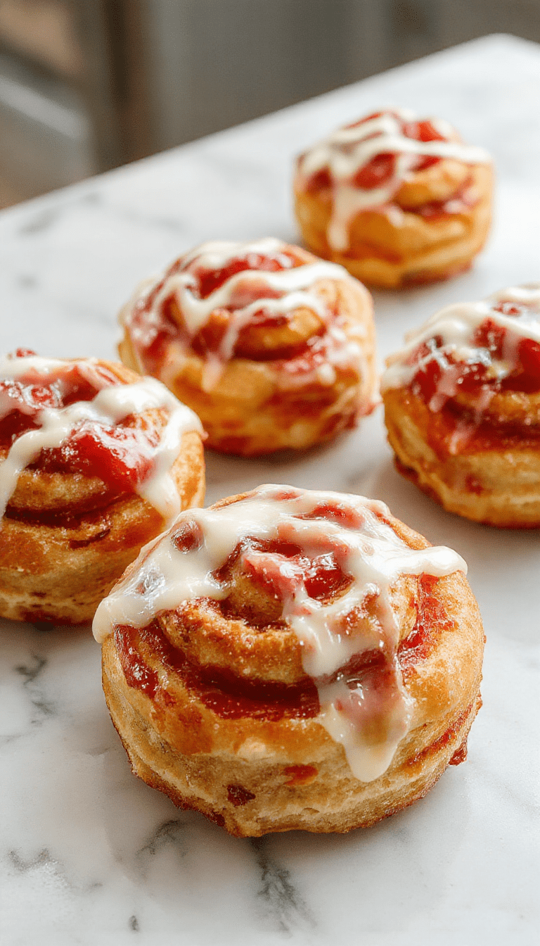 Colorful close-up of golden-brown cinnamon rolls topped with rich white cream cheese glaze, garnished with fresh sliced strawberries and drizzled caramel, styled on a rustic wooden surface giving an inviting, warm dessert presentation.