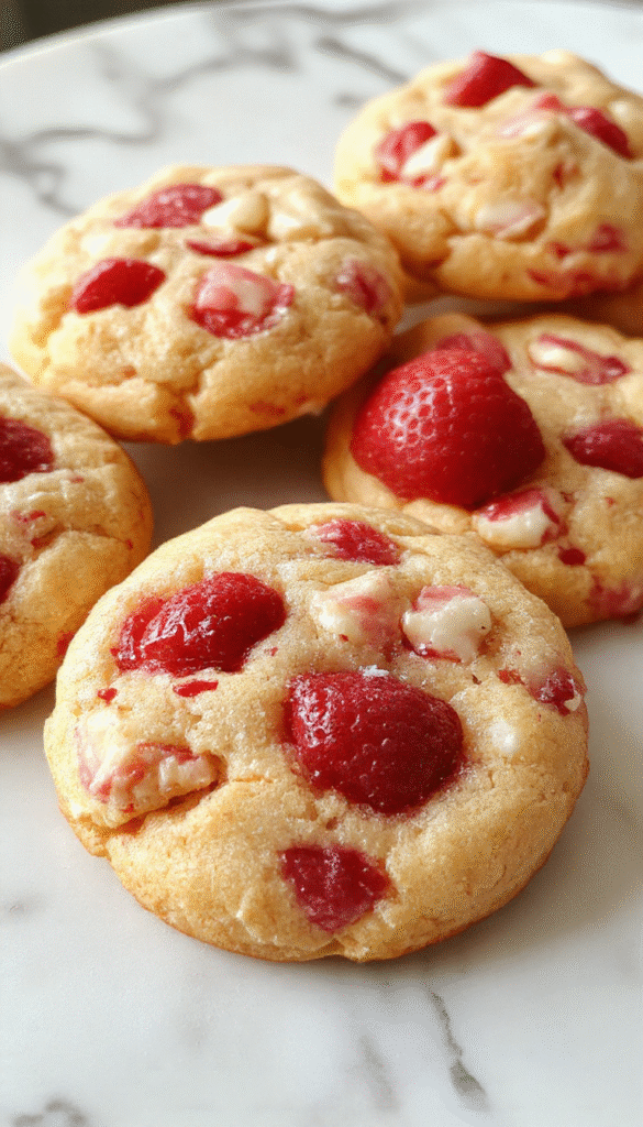 A close-up of a plate of vibrant red strawberry crunch cookies with a crumbly texture, topped with fresh strawberries and a drizzle of glaze, styled on a rustic wooden table with a light background.
