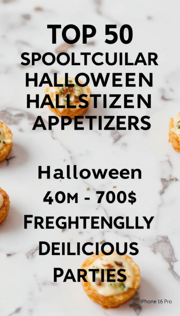 Colorful Halloween-themed appetizers served on a dark platter, featuring creepy eyeball deviled eggs, spider web cheese dip, and pumpkin-shaped bruschettas, all decorated with mini pumpkins, edible eyes, and spooky garnishes, highlighting vibrant orange, green, and black hues with a glossy, textured presentation.