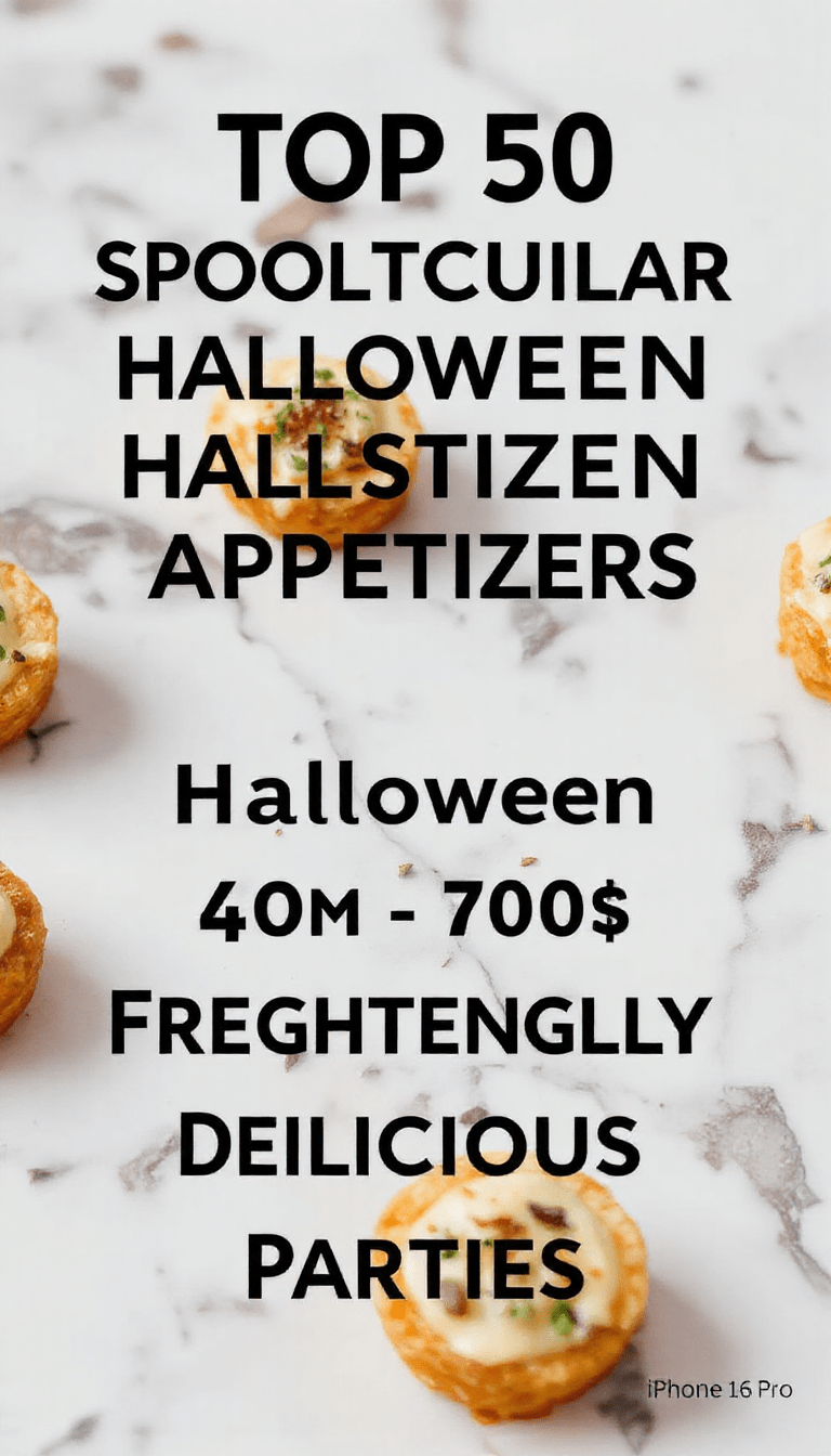 Colorful Halloween-themed appetizers served on a dark platter, featuring creepy eyeball deviled eggs, spider web cheese dip, and pumpkin-shaped bruschettas, all decorated with mini pumpkins, edible eyes, and spooky garnishes, highlighting vibrant orange, green, and black hues with a glossy, textured presentation.