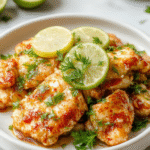 Colorful image of shredded cooked chicken topped with zesty lime slices and shredded coconut, served on a rustic white plate garnished with fresh herbs, vibrant lime green and coconut white hues contrasting warmly with the turquoise background, showcasing a tropical, inviting presentation with textured textures and glossy sauces.