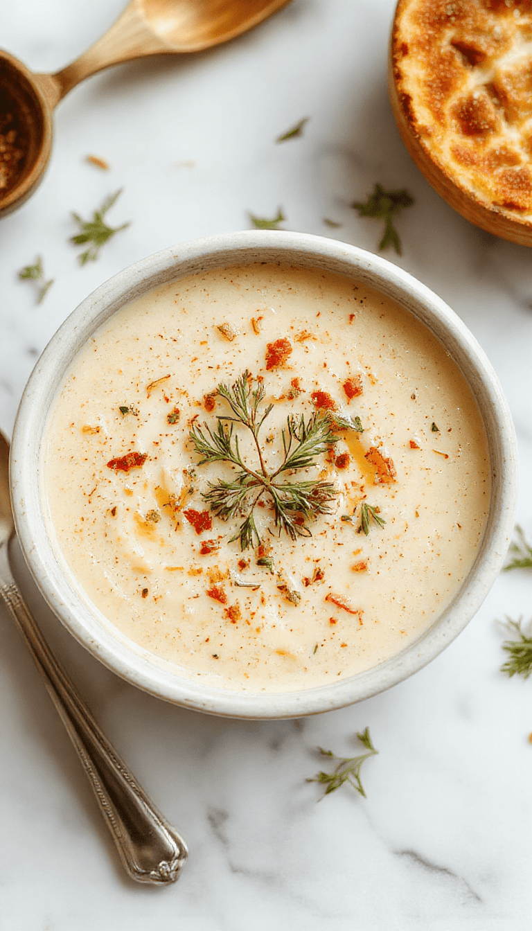 A bowl of rich Tuscan Parmesan Cream Soup garnished with fresh basil and grated Parmesan, served alongside crusty bread on a rustic wooden table, steaming and vivid with creamy textures and golden hues.