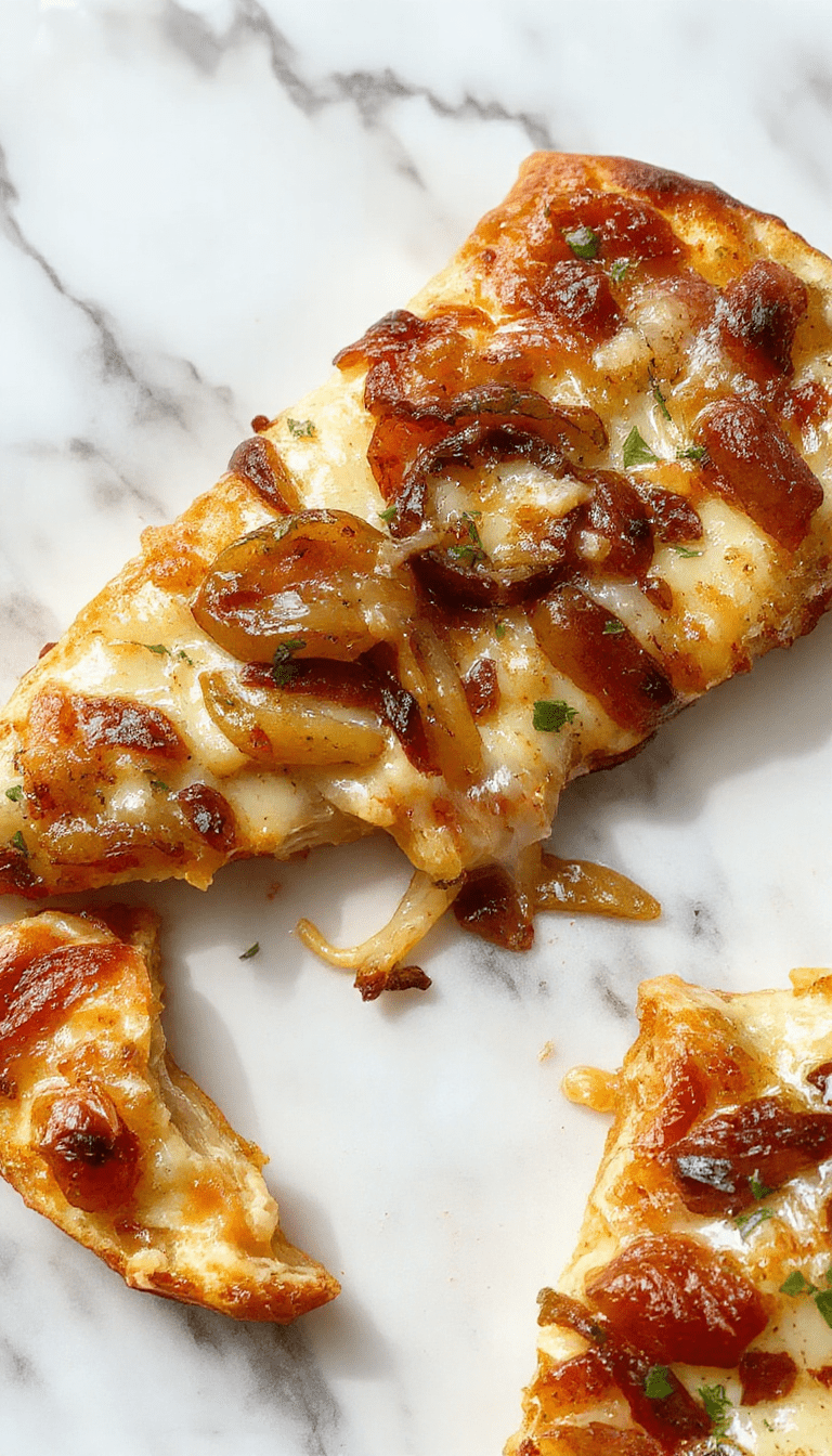 A close-up of a golden-brown pizza topped with bubbling melted cheese, caramelized onions, and fresh herbs, sliced to reveal gooey cheese and crispy crust, styled on a rustic wooden board with a slight tilt showcasing the rich toppings.