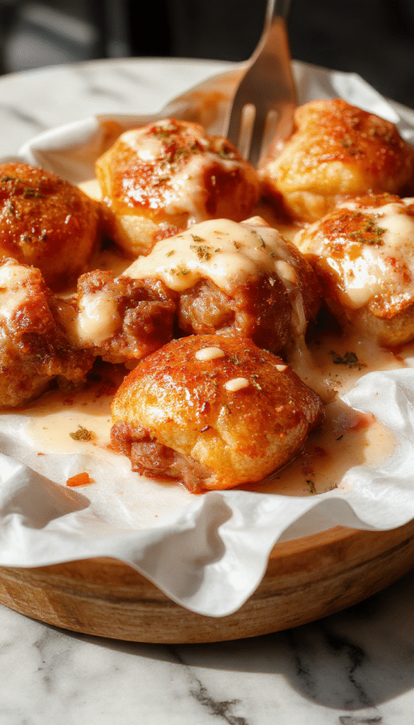 Golden-brown pigs in a blanket on a white plate, with crisp puff pastry wrapping juicy sausage links, garnished with fresh parsley and served with dipping sauces, styled on wooden background with a rustic ambiance