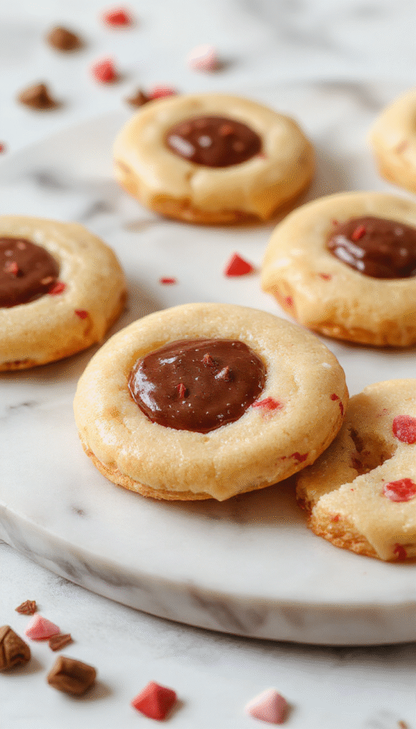 Colorful Valentine's Day-themed cookies with glossy dark chocolate ganache filling, decorated with red and pink sprinkles, arranged on a white plate styled with heart-shaped decorations and soft pastel background.