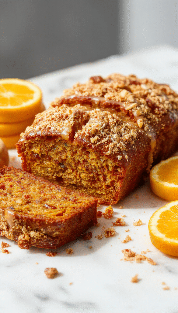A golden-brown pumpkin bread topped with a crumbly streusel and drizzled with a bright orange glaze, decorated with orange zest and served on a rustic wooden board with a slice showing moist interior, surrounded by fresh oranges and pumpkin slices, styled for a cozy autumn presentation