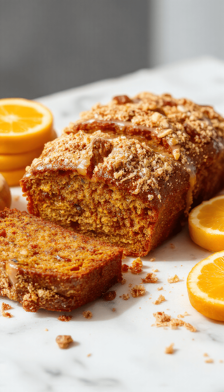 A golden-brown pumpkin bread topped with a crumbly streusel and drizzled with a bright orange glaze, decorated with orange zest and served on a rustic wooden board with a slice showing moist interior, surrounded by fresh oranges and pumpkin slices, styled for a cozy autumn presentation