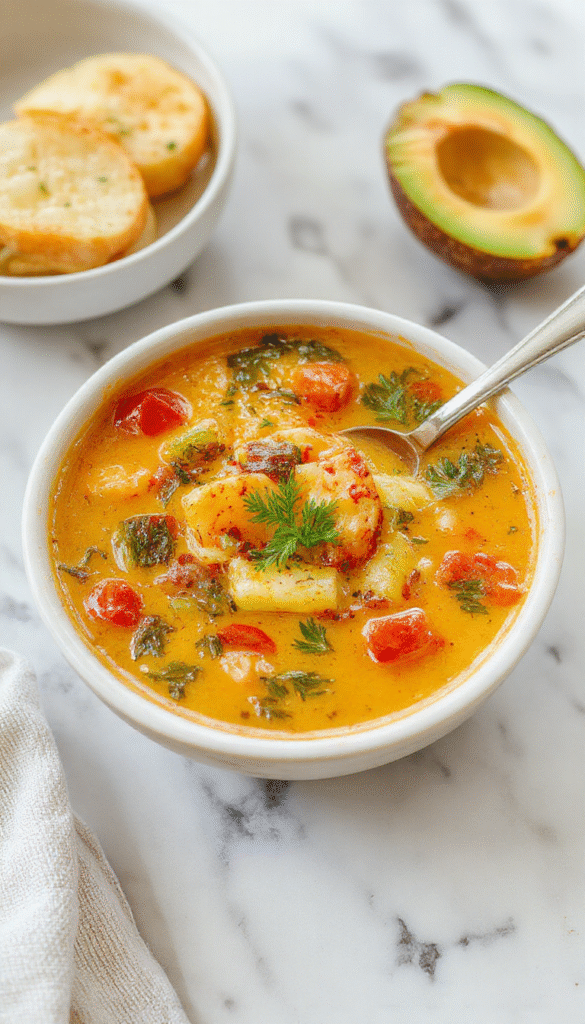 A bowl of colorful vegetable soup featuring bright orange carrots, green zucchini, red bell peppers, and leafy spinach, garnished with fresh herbs, served in a white bowl on a rustic wooden table, with a spoon beside it and a backdrop of fresh vegetables.
