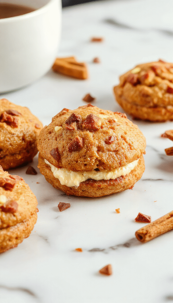 Colorful close-up shot of apple cider whoopie pies with golden-brown cookies sandwiched around creamy orange filling, dusted with cinnamon, styled on a rustic wooden plate with autumn leaves in the background, capturing the textures of moist cookies and smooth filling.