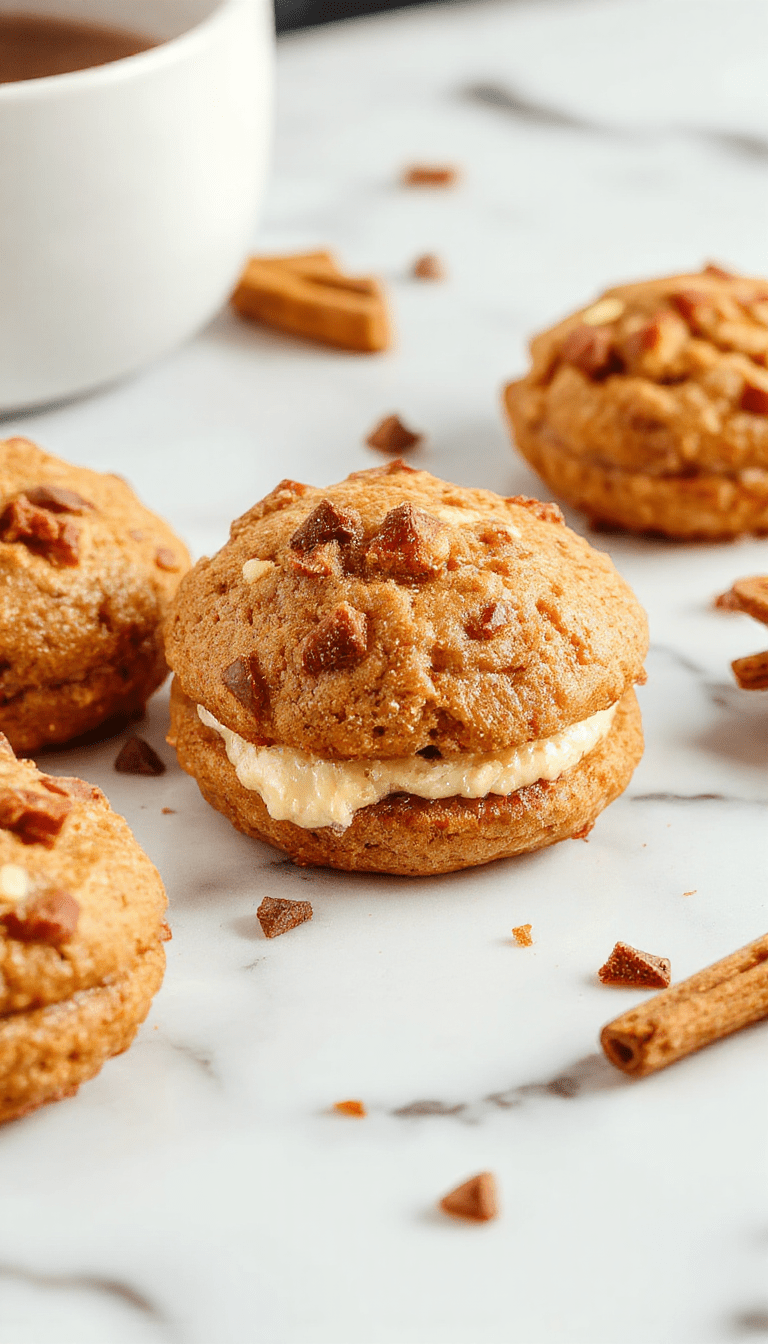 Colorful close-up shot of apple cider whoopie pies with golden-brown cookies sandwiched around creamy orange filling, dusted with cinnamon, styled on a rustic wooden plate with autumn leaves in the background, capturing the textures of moist cookies and smooth filling.