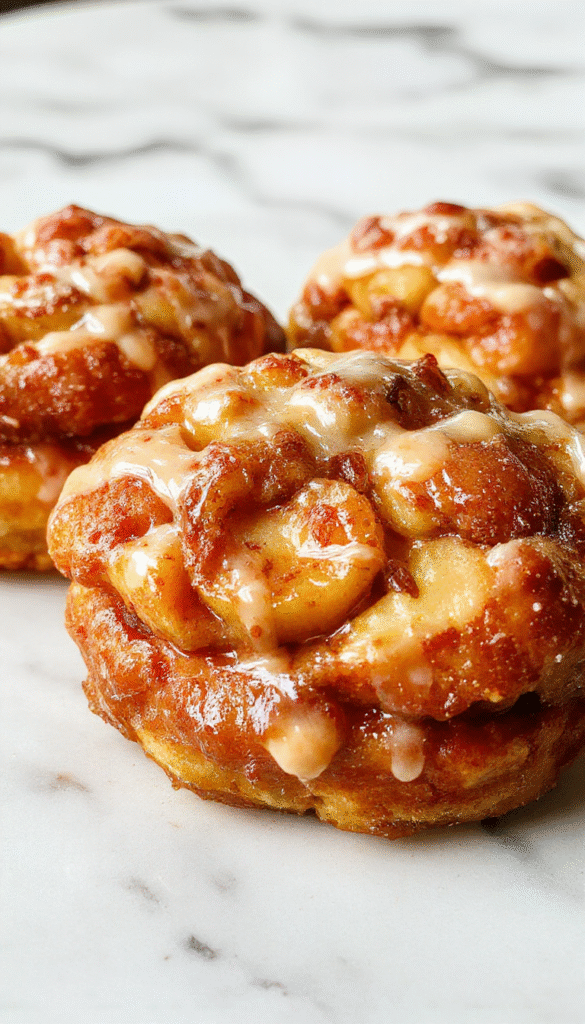Golden-brown baked apple fritters topped with a shiny, smooth glaze, arranged on a white plate with a sprinkle of cinnamon, vibrant red apple slices, and a drizzle of glaze capturing the crispy texture and inviting appearance.