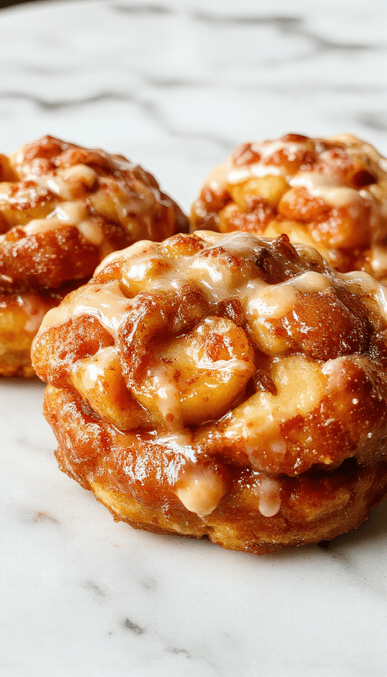 Golden-brown baked apple fritters topped with a shiny, smooth glaze, arranged on a white plate with a sprinkle of cinnamon, vibrant red apple slices, and a drizzle of glaze capturing the crispy texture and inviting appearance.