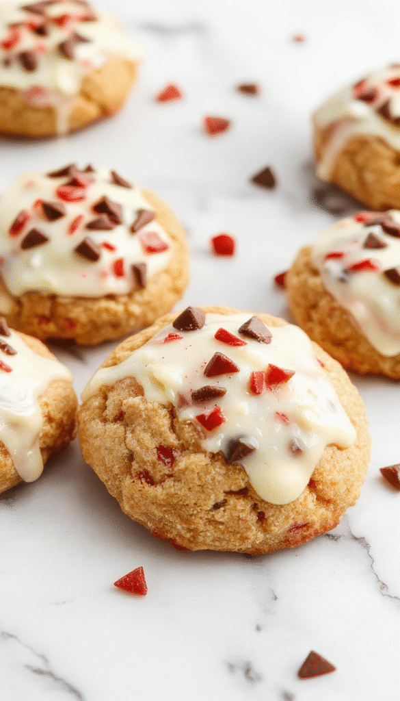A festive scene featuring chewy maple cookies dipped in glossy white chocolate, arranged on a rustic wooden platter with sprigs of holly and red berries, with a snowy background and twinkling Christmas lights