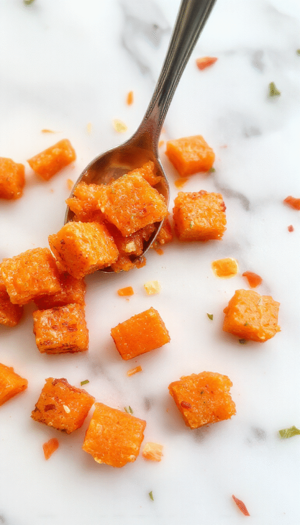 Colorful close-up of vibrant orange smashed carrots served on a white plate, garnished with fresh herbs, with a textured surface showing the mashed consistency and a soft-focus background featuring a rustic kitchen setting.
