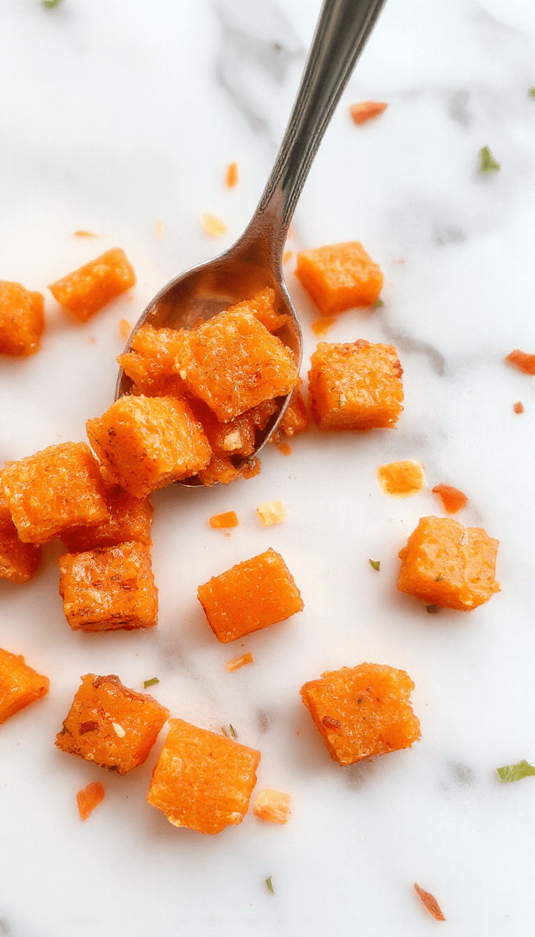 Colorful close-up of vibrant orange smashed carrots served on a white plate, garnished with fresh herbs, with a textured surface showing the mashed consistency and a soft-focus background featuring a rustic kitchen setting.