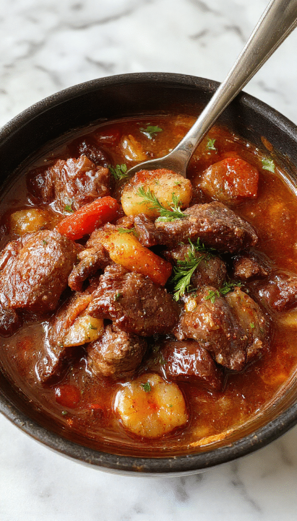 A steaming black cauldron-shaped bowl filled with rich, chunky beef stew featuring tender beef pieces, carrots, potatoes, and herbs in a dark, mysterious setting with wisps of steam rising, garnished with fresh parsley and a rustic wooden spoon.