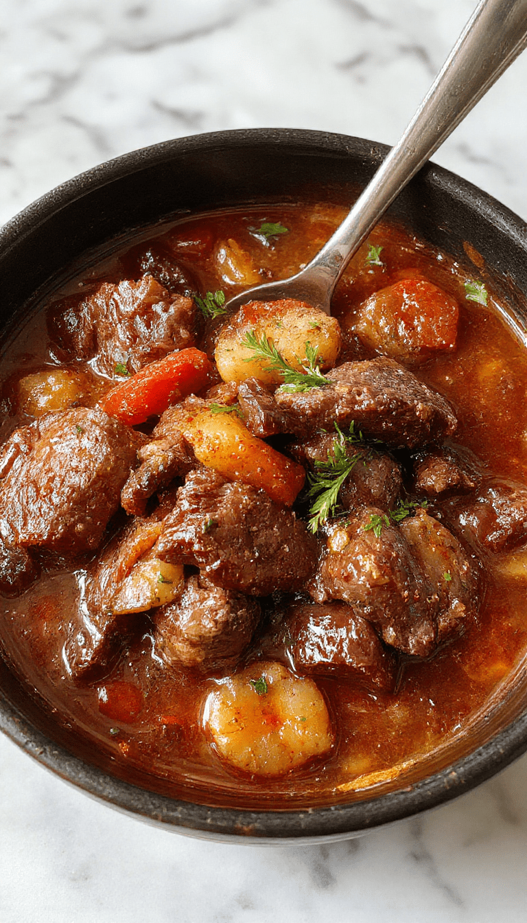 A steaming black cauldron-shaped bowl filled with rich, chunky beef stew featuring tender beef pieces, carrots, potatoes, and herbs in a dark, mysterious setting with wisps of steam rising, garnished with fresh parsley and a rustic wooden spoon.