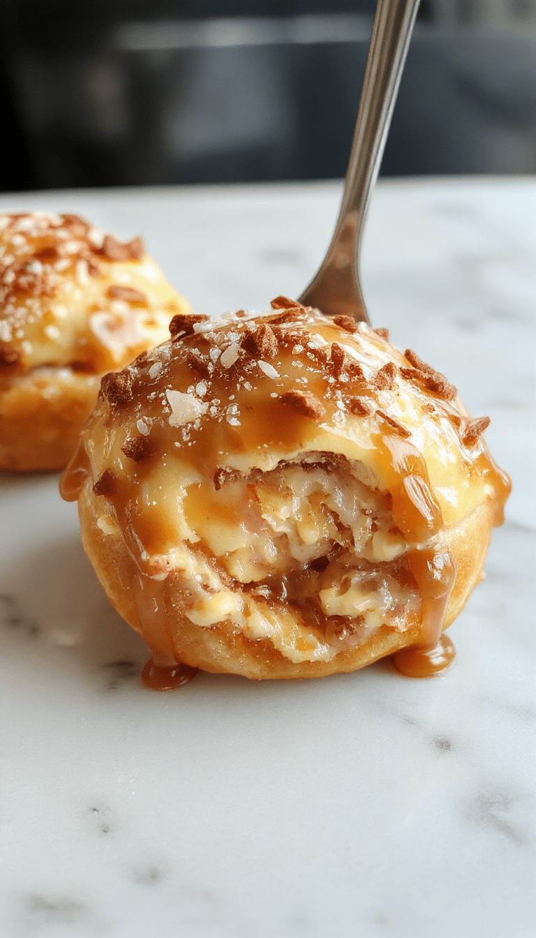 A close-up of a creamy salted caramel dessert served in a stylish glass bowl, topped with a generous drizzle of caramel sauce and a sprinkle of sea salt crystals, with a soft-focus background of buttery caramel swirls and golden tones.