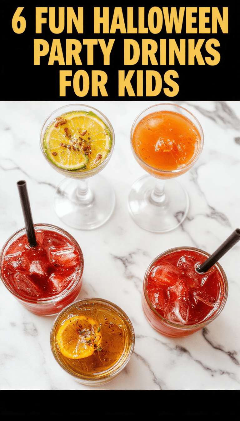 Colorful Halloween themed drinks in clear glasses with orange, purple, and green liquids. Decorated with mini candy eyes, spooky umbrellas, and lime slices, displayed on a dark wooden table with a festive backdrop featuring pumpkins and cobwebs. The drinks have playful, icy textures and vibrant colors, perfect for kids' Halloween celebrations.