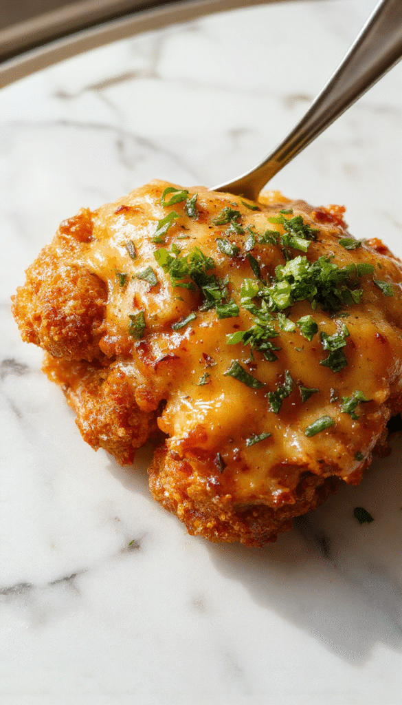 A close-up of a golden-brown Alice Springs Chicken plated elegantly, topped with crispy bacon, melted cheese, and fresh herbs, served alongside vibrant vegetables on a rustic wooden table.