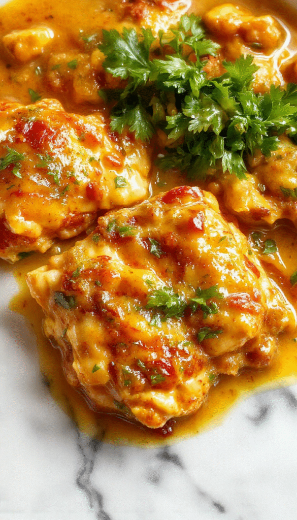 A vibrant plate of Jamaican Curry Chicken featuring golden-brown chicken pieces coated in rich, spicy curry sauce. The dish is garnished with fresh herbs, served on a rustic white plate with a side of fluffy rice and colorful vegetables. The curry's thick sauce glistens under warm lighting, emphasizing its aromatic spices and tender texture.