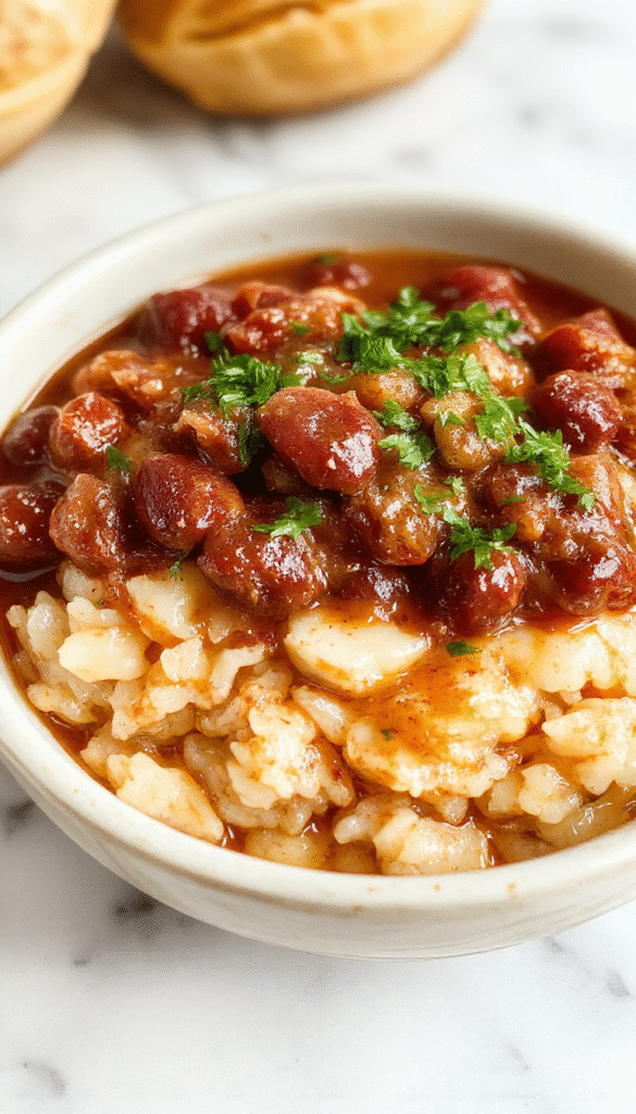 Colorful bowl of Louisiana red beans and rice with bright red kidney beans, fluffy white rice, garnished with chopped green onions and spices, presented on a rustic wooden table with a Cajun spice sprinkle for visual appeal.
