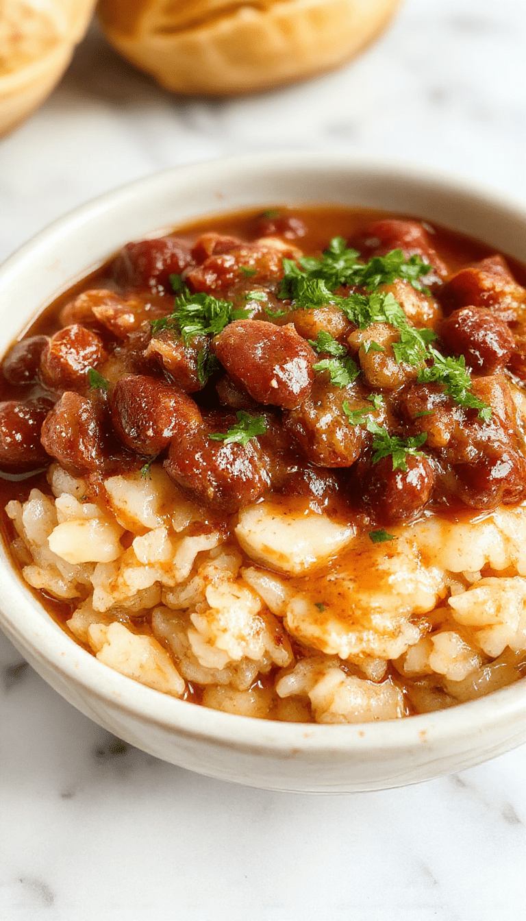 Colorful bowl of Louisiana red beans and rice with bright red kidney beans, fluffy white rice, garnished with chopped green onions and spices, presented on a rustic wooden table with a Cajun spice sprinkle for visual appeal.