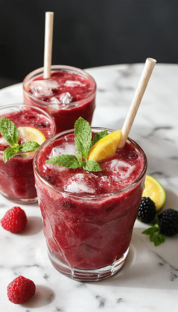 A vibrant cocktail glass filled with a deep purple blackberry margarita smash garnished with fresh blackberries, a sprig of mint, and a salted rim, set against a brightly colored backdrop with blurred berry decorations illustrating a refreshing berry cocktail vibe.