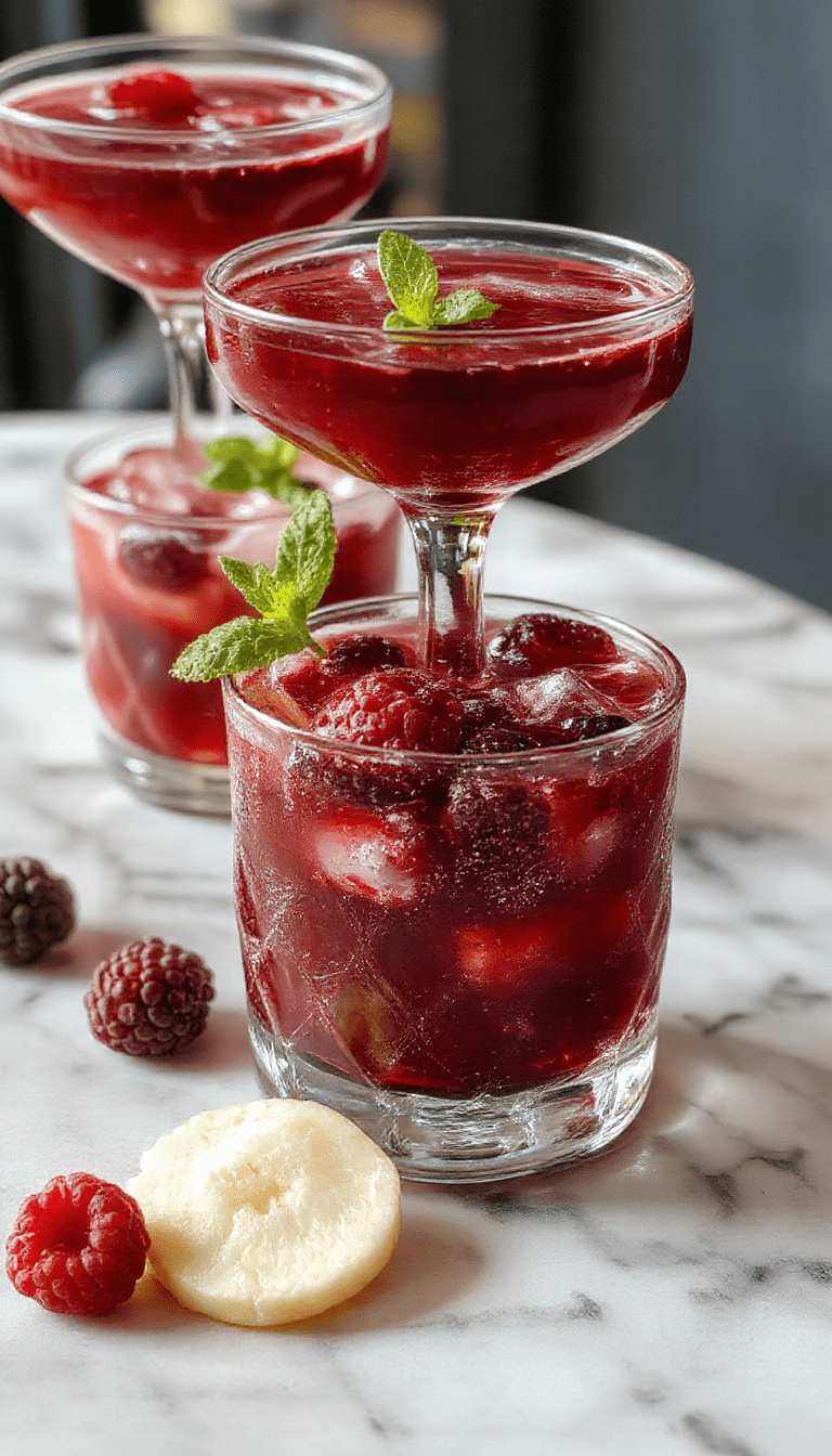 A vibrant purple and deep red Blackberry Rum Cocktail in a elegant cocktail glass garnished with fresh blackberries and a sprig of mint, set against a dark background with a splash of rum pouring into the glass, highlighting the rich textures and vivid colors of the drink