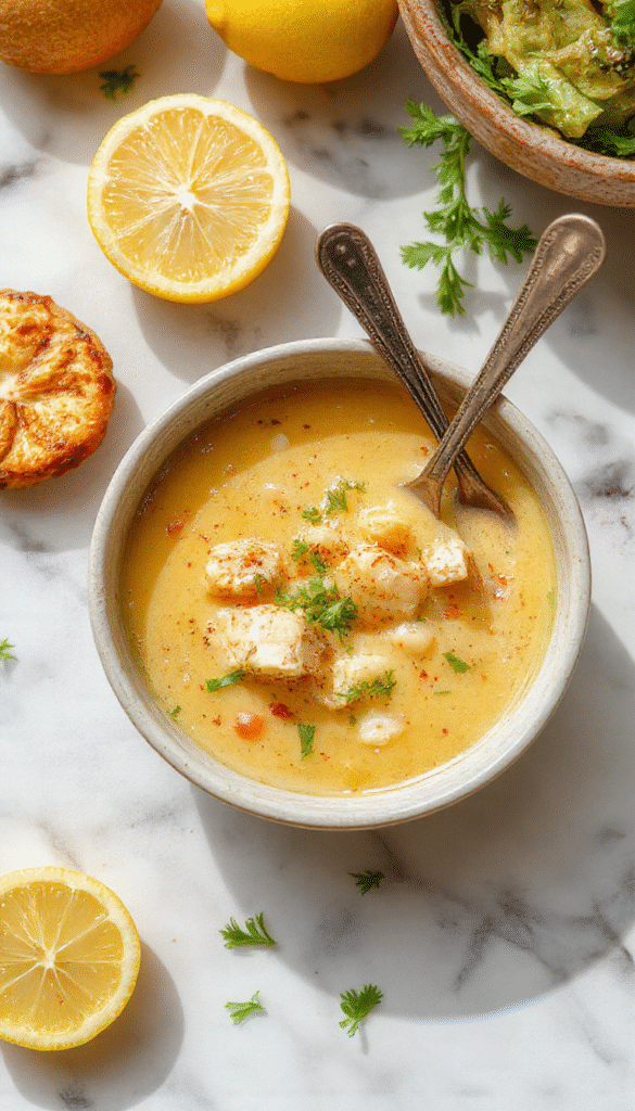 A vibrant bowl of lemon chicken orzo soup featuring tender shredded chicken, bright yellow lemon zest, and orzo pasta, garnished with fresh parsley on a rustic white plate with a lemon wedge.