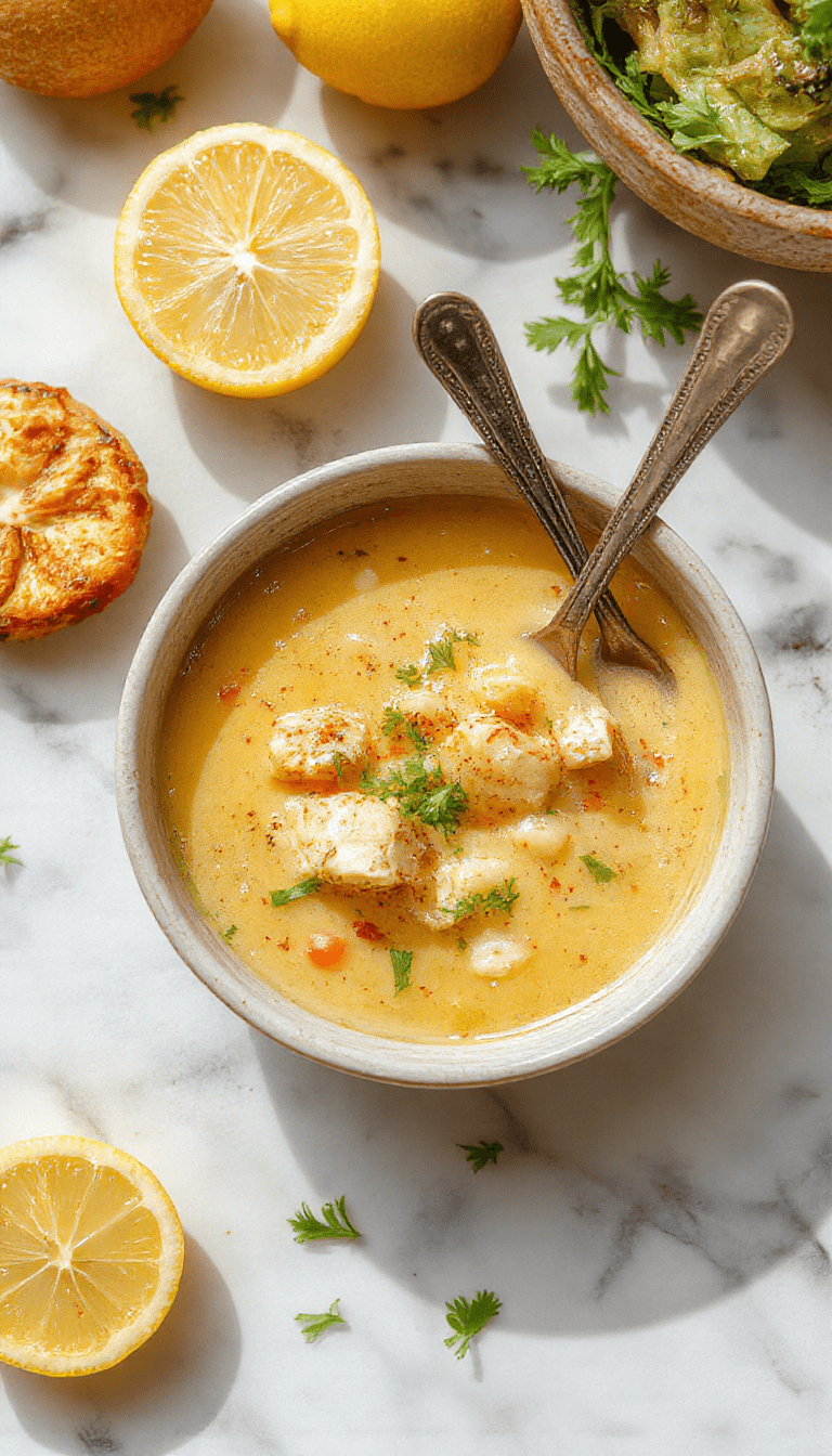 A vibrant bowl of lemon chicken orzo soup featuring tender shredded chicken, bright yellow lemon zest, and orzo pasta, garnished with fresh parsley on a rustic white plate with a lemon wedge.