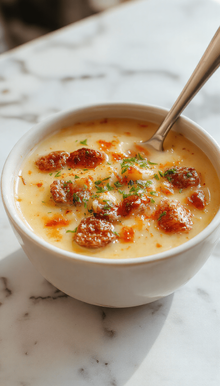 A vibrant bowl of cheesesteak potato soup featuring rich, creamy broth with chunks of tender beef, melted cheese drizzled on top, garnished with chopped green onions, served alongside rustic bread on a picnic setting