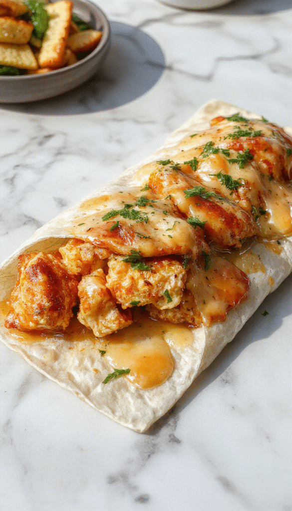 A close-up of golden-brown chicken wraps filled with melted cheese and fresh garlic, arranged on a rustic wooden platter with garnishes of chopped herbs and garlic slices, showcasing crispy textures and vibrant colors.