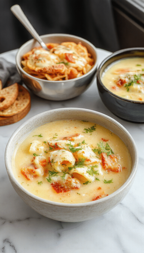 A vibrant bowl of Parmesan Pasta Soup showcasing a rich, creamy broth filled with al dente pasta, melted parmesan cheese sprinkled on top, garnished with fresh herbs. The bowl is styled on a rustic wooden table with a spoon resting beside it, evoking warmth and comfort. The soup's textures appear smooth and inviting, with a golden hue contrasting with the white cheese and green herbs.