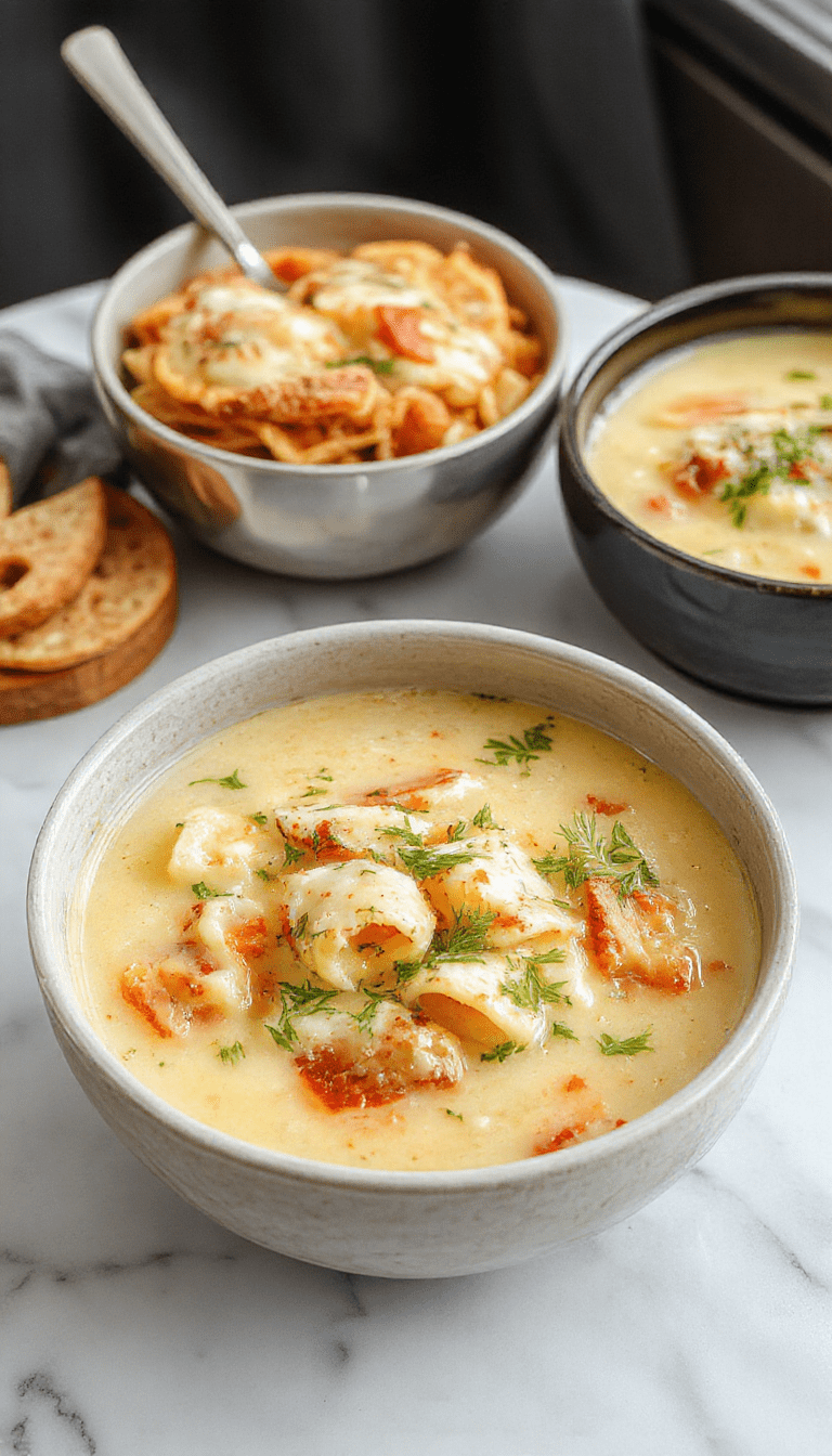 A vibrant bowl of Parmesan Pasta Soup showcasing a rich, creamy broth filled with al dente pasta, melted parmesan cheese sprinkled on top, garnished with fresh herbs. The bowl is styled on a rustic wooden table with a spoon resting beside it, evoking warmth and comfort. The soup's textures appear smooth and inviting, with a golden hue contrasting with the white cheese and green herbs.