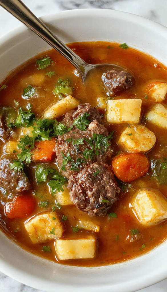 A vibrant bowl of homemade vegetable beef soup featuring chunks of tender beef, colorful carrots, green beans, potatoes, and celery, all immersed in a rich broth, garnished with fresh parsley, and styled on a rustic wooden table with a warm ambiance.