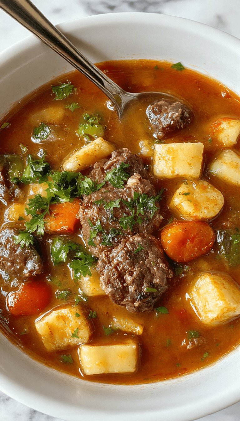 A vibrant bowl of homemade vegetable beef soup featuring chunks of tender beef, colorful carrots, green beans, potatoes, and celery, all immersed in a rich broth, garnished with fresh parsley, and styled on a rustic wooden table with a warm ambiance.