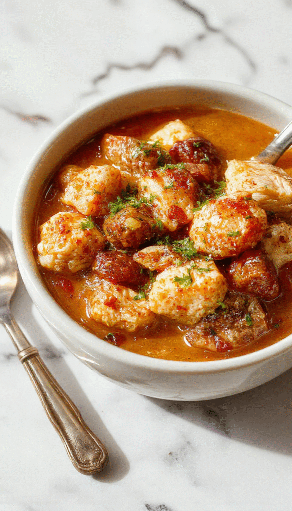 A rustic white bowl filled with steaming slow cooker chicken stew, featuring tender chicken chunks, carrots, potatoes, and green beans in a rich, savory broth. The stew is garnished with fresh herbs and served on a dark wooden table with a spoon, exuding warmth and homely comfort.