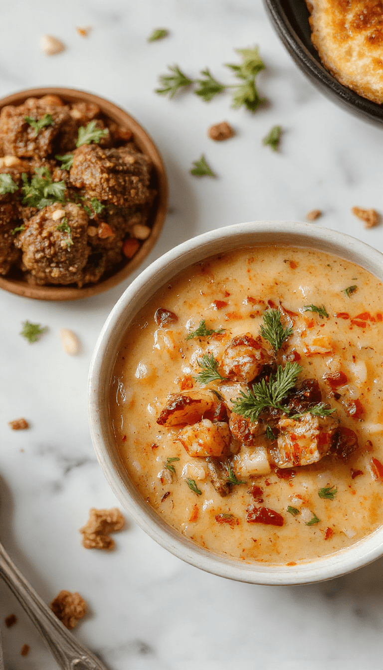 A warm bowl of autumn wild rice soup featuring chunks of tender vegetables and wild rice, garnished with fresh herbs, served on a rustic wooden table with a cozy fall background in earthy tones.